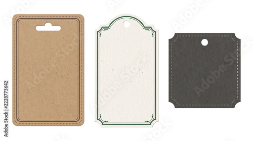 Three hanging tags with different shapes and textures, including brown kraft, cream paper with green border, and dark gray square cardstock