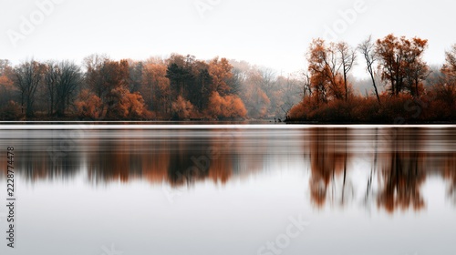 A quiet lake reflects copper woodland and a pale gray sky through horizontal watercolor strokes, with blurred reflections and soft pigment diffusion creating a tranquil seasonal landscape