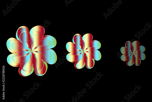 Modern abstract vector illustration featuring colorful floral flowers with heart-shaped metallic gradient petals isolated on a dark black backdrop.