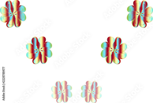 Modern abstract vector illustration featuring a set of colorful floral flower shapes with metallic gradient petals on a clean white backdrop.