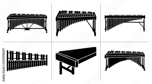 Fotografie Marimba silhouettes set with musical instruments and bench for performance and s