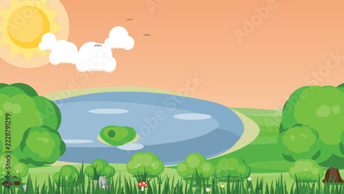 Vibrant Flat Illustration Sunny Pond Landscape Vector Art Nature Scene Design