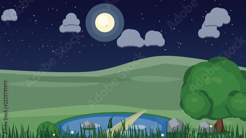 Whimsical Nighttime Landscape Vector Illustration Featuring Moonlit Green Fields and Trees