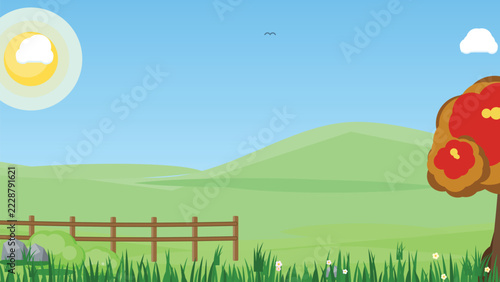 Vibrant Vector Illustration Sunny Landscape with Green Hills and Red Fence for Digital Design