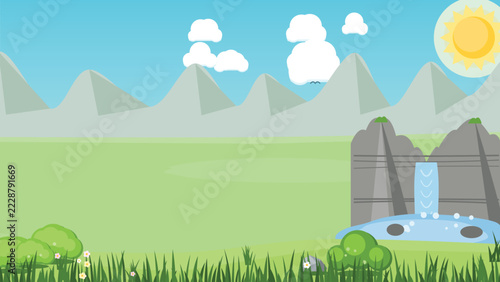 Bright Flat Illustration Waterfall Scene with Green Meadows and Sky Background for Digital Design