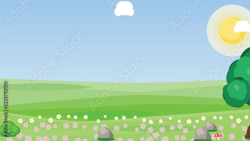 Whimsical Vector Meadow Scene with Green Hills and Playful Clouds for Digital Design Projects