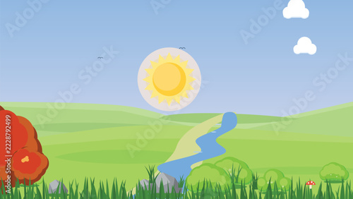 Whimsical Cartoon Sunlight Pathway Illustration Bright Green Field Sky Vector Art
