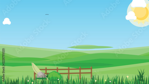 Whimsical Vector Illustration Flat Landscape Scene with Green Fields and Red Picnic Bench