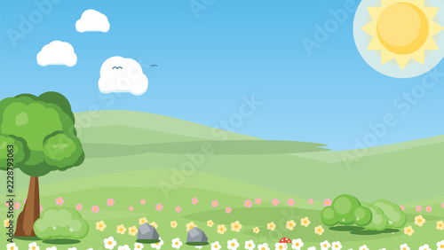 Bright Sunny Landscape Vector Illustration with Green Trees and Sky Background for Presentations