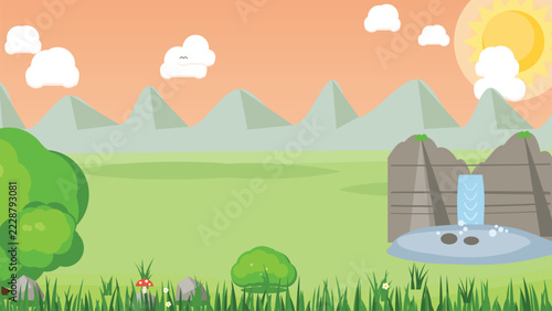 Whimsical Cartoon Waterfall Scene Vector Illustration Bright Green Blue Sky Nature Background