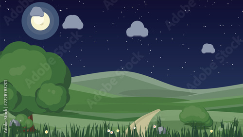 Whimsical Nighttime Landscape Vector Illustration Featuring Moonlit Green Hills and Sky