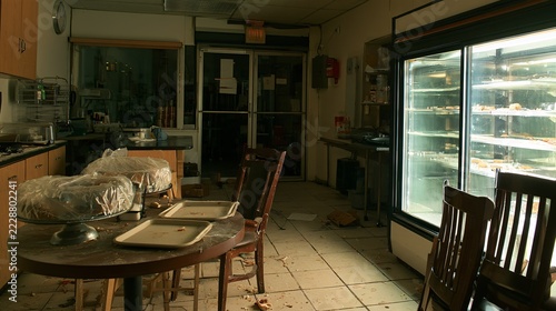 A quiet bakery interior after closing shows covered pastry stands, empty serving trays, scattered crumbs, chairs placed upside down, and only the refrigerated display case providing soft illumination