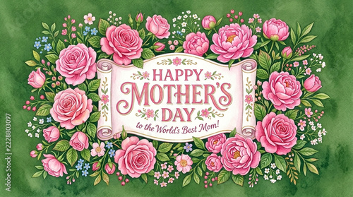Happy Mothers Day Floral Greeting Card with Pink Roses and Greenery