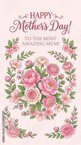 Happy Mothers Day Floral Greeting Card with Pink Roses and Peonies To the Most Amazing Mum