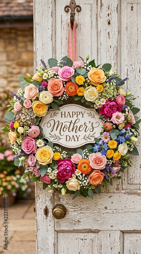 Happy Mothers Day Floral Wreath Decoration Hanging on Rustic White Door with Roses and Mixed Flowers
