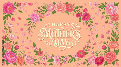 Happy Mothers Day floral wreath delicate pink and peach roses and blossoms elegant calligraphy celebratory background