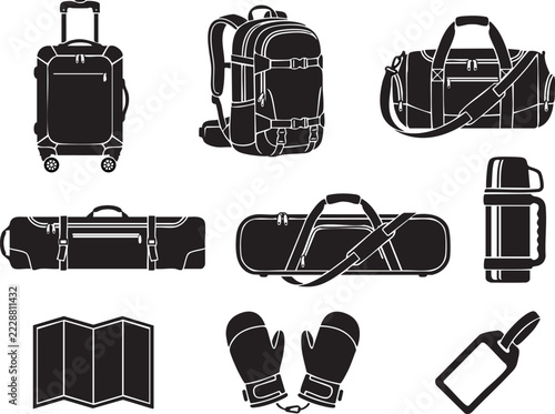 Travel luggage backpack duffel case ski bag gloves thermos map vector
