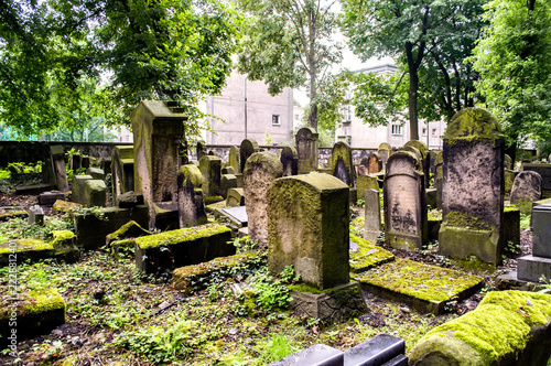 Historic Jewish cemetery in Krakow, Poland, with old weathered gravestones, moss-covered tombs and stone pathways surrounded by green trees.