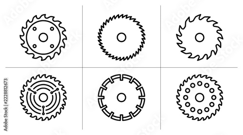Circular saw blade icons set with toothed edges and central holes for industry and tools