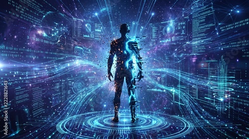 Futuristic digital human standing in a cyber data network, glowing technology interface, AI concept, virtual reality, neon blue sci-fi environment.