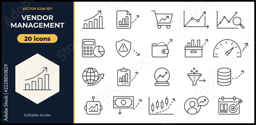 Vendor management icon set, 20 professional line icons for business analytics and supply chain optimization, minimalist vector symbols for procurement tracking and financial performance data.