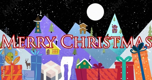 Displaying large MERRY CHRISTMAS banner stretching across snowy mountains at night with gifts, snow