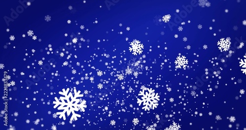 Drifting centered snowflake field filling deep blue gradient, with white snowflakes and bokeh