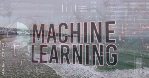 Dominating centered title MACHINE LEARNING overlaying coastal waves, shoreline and cliffs with HUD