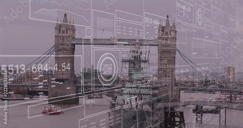 Framing Tower Bridge and HMS Belfast, semi-transparent HUD panels overlaying River Thames scene