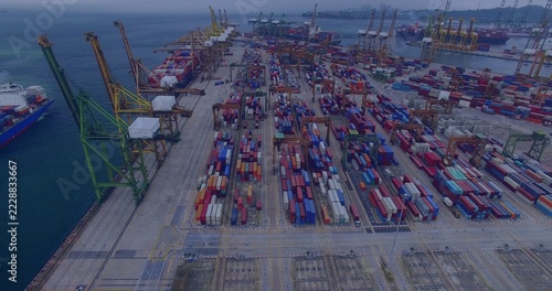 Displaying large container port with stacked shipping containers at quay, gantry cranes operating