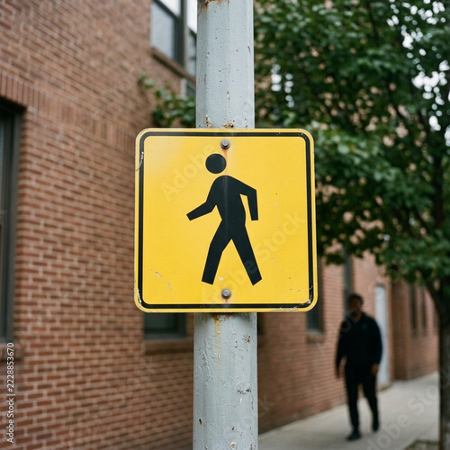 Yellow pedestrian crossing sign on pole with blurred person walking in background urban street