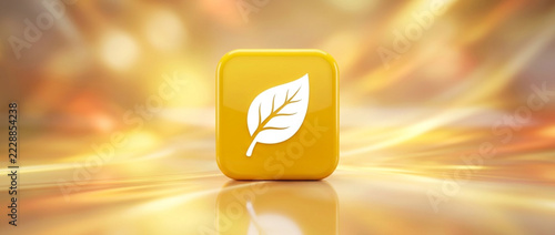 Yellow Leaf Icon on Abstract Golden Background with Light Streaks