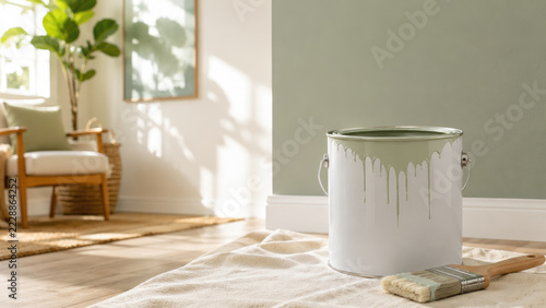 Interior painting scene with a green paint can dripping on a drop cloth beside a brush in a sunlit living room