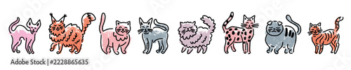 A horizontal pattern of funny hand-drawn cats of different breeds in doodle style	

