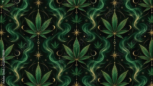 Pattern of cannabis leaves with green smoke and gold celestial symbols on a black background, ornate and mystical botanical illustration