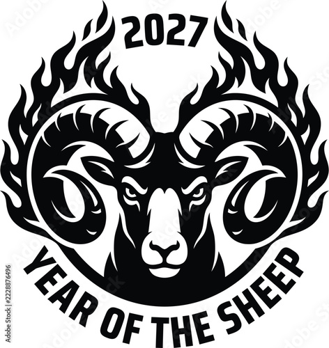 2027 Year of the Sheep Flaming Ram Head Emblem, Black and White Chinese Zodiac Goat Tribal Illustration