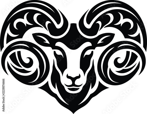 Tribal Ram Head with Ornate Curved Horns, Black and White Symmetrical Aries Zodiac Tattoo Illustration