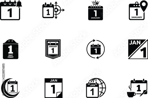 January 1 Calendar Icons Set, Black and White New Year's Day Date Symbols and Calendar Illustrations