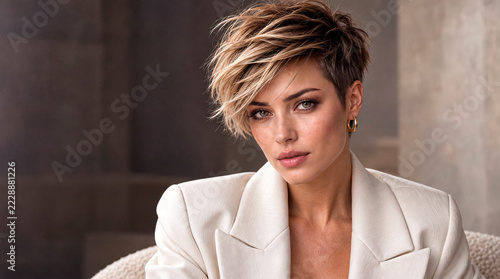 Elegant blonde woman with a stylish short pixie haircut wearing a white blazer and gold hoop earrings. Close-up beauty and fashion portrait featuring natural skin texture, sophisticated makeup, confid