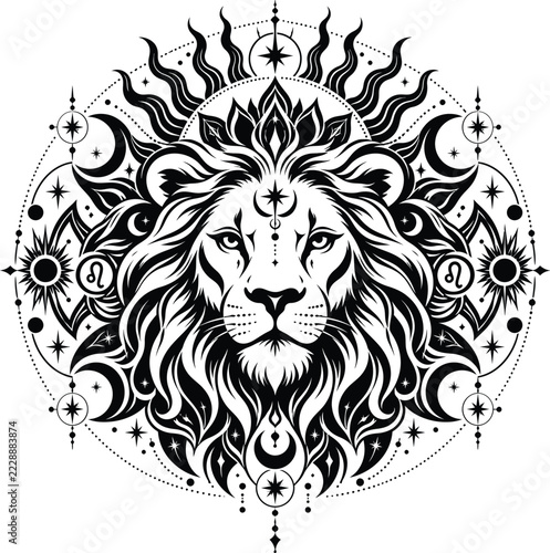 Celestial Leo Zodiac Lion Head with Sun Rays and Ornamental Mandala, Black and White Mystical Tattoo Illustration