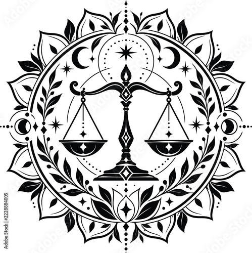 Libra Zodiac Sign with Ornamental Floral Mandala and Justice Scales, Black and White Celestial Astrology Symbol Illustration