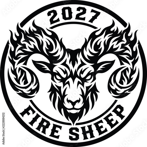 2027 Fire Sheep Chinese Zodiac Ram Head Emblem with Flaming Horns, Black and White Lunar New Year Circular Badge Illustration