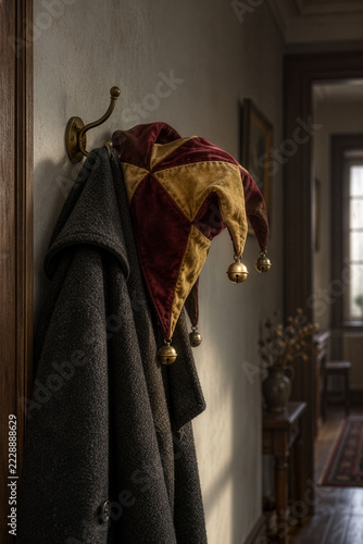 Red and Gold Jester Hat with Bells on a Coat Hook as a Traditional Carnival Concept