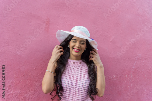 Portrait of a Woman with a Hat and Pink Dress