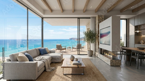 Modern Luxury Living Room with Sea View Balcony and Ocean Vista