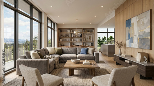 Modern Luxury Living Room with Sectional Sofa Coffee Table and Large Windows with City View