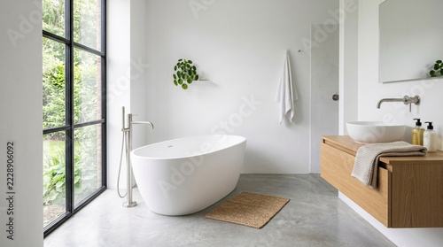 Modern minimalist bathroom interior with free standing bathtub wooden vanity and large window Clean bright and airy