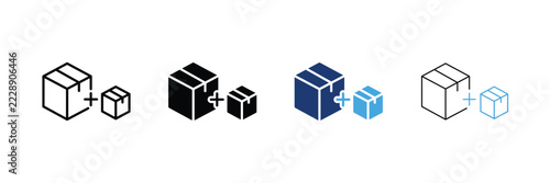 Cross sell icon set. Big package box with plus sign and complementary item Icons. Outline, Glyph, two-tone and editable stroke vector illustration.