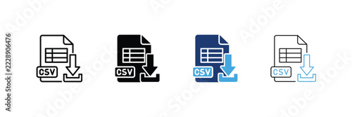 CSV export icon set. Spreadsheet document file with download arrow tray Icons. Outline, Glyph, two-tone and editable stroke vector illustration.