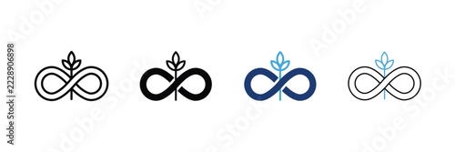 Evergreen content icon set. Infinity loop symbol with growing plant leaves Icons. Outline, Glyph, two-tone and editable stroke vector illustration.